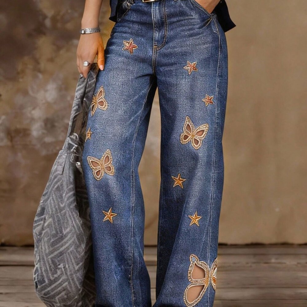 Blue Elegant Women's High Waist Wide Leg Flare Trousers